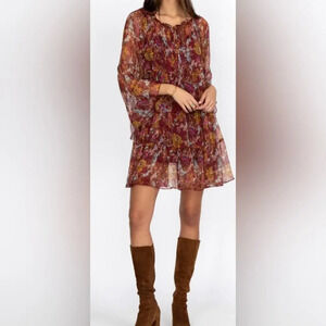 Johnny Was Daisy Tiered Floral Print Mini Dress Silk Size Small